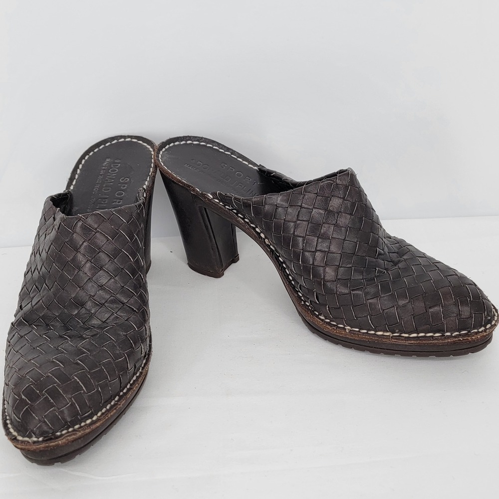 Donald J Pliner Sport Busy Woven Leather Mules Dark Brown Block Heel Clogs 10M